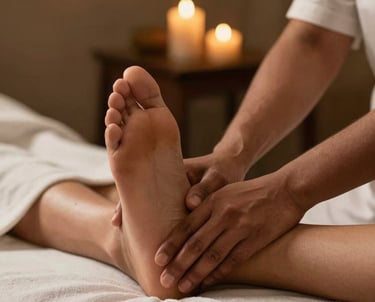 A peaceful photograph of a South Asian / Indian wellness therapist's hands performing a foot reflexology treatment, warm golden candle light in the background, elegant and professional atmosphere.