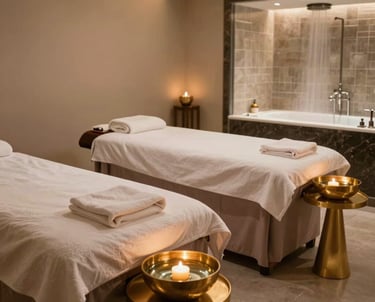 An interior shot of a premium South Asian / Indian spa's couple suite, featuring two elegant massage tables, gold accents, floating candles in a bowl of water, and a modern steam room in the distance.