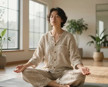 A person in comfortable, high-quality linen attire practicing deep breathing exercises in a bright, modern wellness studio with large windows and indoor plants in the North American / US region. The lighting is warm and empathetic.