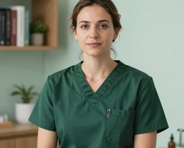 A calm, professional portrait of a wellness guide in a serene North American / US clinical setting. The background shows a modern bookshelf and soft lighting. The colors include deep forest green and pale mint.