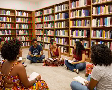A cozy bookstore corner with stacks of aged documents and colorful art pieces symbolizing cultural dissent.