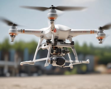 A professional drone flying over a construction site capturing high-resolution images.