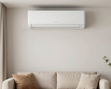 Modern white wall-mounted split air conditioner unit installed above a beige sofa in a minimalist living room.