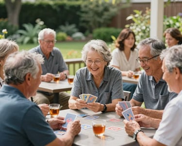 A candid photography shot of a group of active mature adults enjoying a sunny day on a terrace in North American / US, some are playing cards while others are laughing and drinking tea, soft focus on the lush garden background, bright and inviting mood.