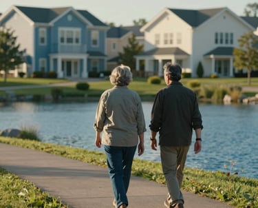 A professional photography shot of two mature adults walking along a paved trail next to a clear blue pond in a North American / US residential park, casual attire, serene atmosphere, soft morning light hitting the Steel Blue and Off-White buildings in the distance.