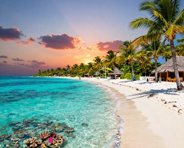 Crystal-clear turquoise waters of Cancún, Mexico, with soft white sand, swaying palm trees, luxuriou