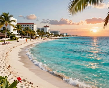 Crystal-clear turquoise waters of Cancún, Mexico, with soft white sand, swaying palm trees, luxuriou