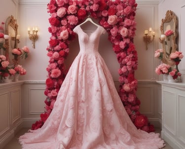 Elegant bridal gown with delicate lace details in a softly lit boutique.