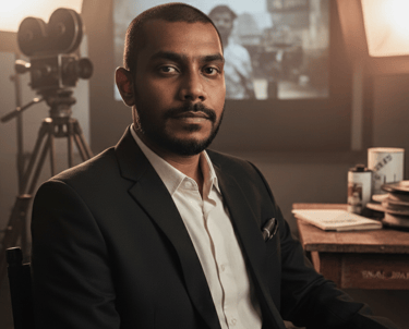 Sameera Wakwella - A male film director sitting in a studio with vintage movie cameras and lighting.
