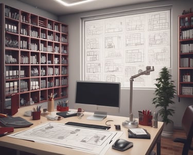 A clean, minimalist workspace with architectural blueprints and a laptop displaying technical drawings.