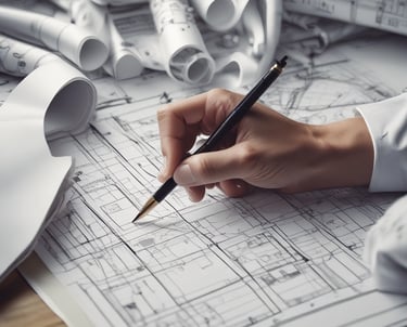 Engineer reviewing technical blueprints on a construction site with industrial equipment in the background.
