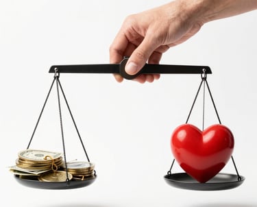 Mano con balanza equilibrada entre dinero y sentimientos en forma de corazón