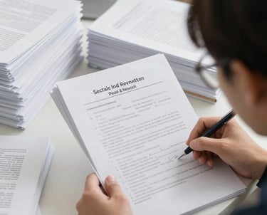 Persona llenando formulario junto a pila de documentos para diligenciar