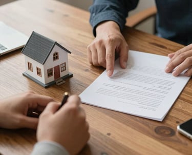 Dos personas revisando documentos legales para compra de vivienda