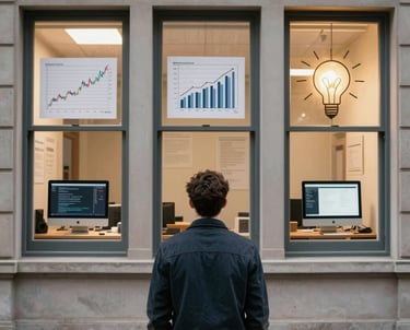 Persona de espaldas mirando ventana con bombilla computador y gráficas financieras