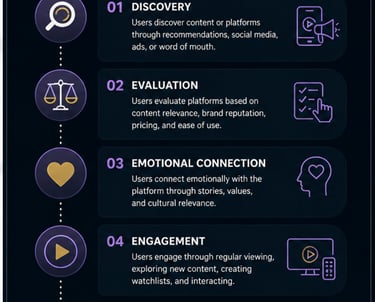 The Consumer Journey in Streaming Platforms - five stages from Discovery, Evaluation, Emotional Connection, Engagement to Loyalty & Advocacy showing how UK audiences engage with streaming services