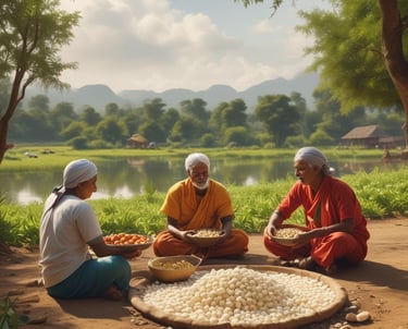 Close-up of farmers handpicking fresh makhana from a pond in Mithila at sunrise.