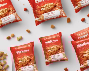 Roasted makhana snacks in vibrant red and orange packets on a clean white background.