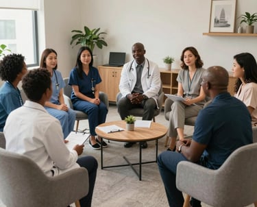 A warm group photo of diverse Menteviva clinicians smiling in a bright, welcoming office space.