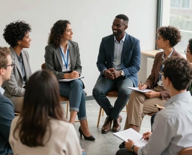 A warm group photo of diverse clinicians smiling together in a bright, welcoming office space.