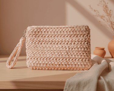 bolso crochet color rosa pálido, tejido por kaalm mx sobre un fondo boho
