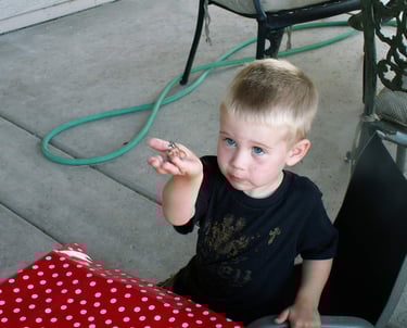 Child holding butterfly in hand outside