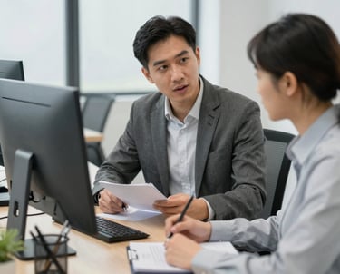 Professional advisor discussing investment options with a client in a modern office.