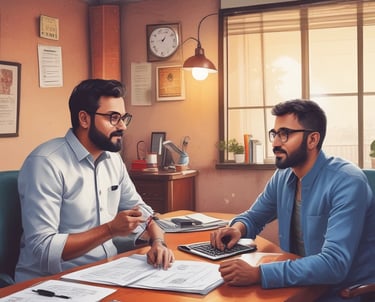 A professional consultant reviewing GST documents with a client in a modern office.
