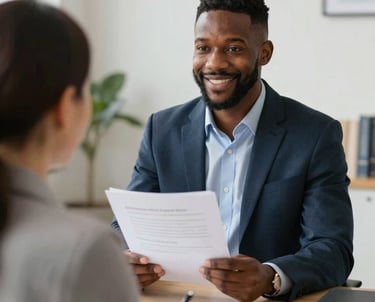 A friendly notary public arriving at a client's home with a briefcase on a sunny Toronto street.