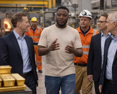 A diverse team of business professionals and industrial engineers discuss gold bar production inside a refinery.