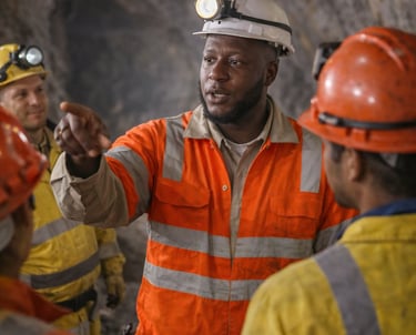 A group of underground miners in hard hats and safety gear discussing work inside a dark mine tunnel.