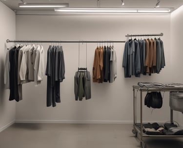 A vibrant workspace with colorful custom t-shirts laid out, alongside sketchpads and design tools.