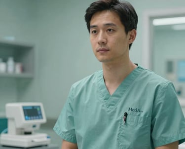 A professional medical specialist in a clean North American / Canadian clinical setting, reflecting the role of MedA, with soft sage aqua lighting.