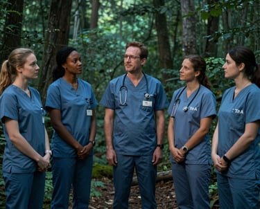 A healthcare educator in a North American / Canadian teaching facility, representing TeA teaching agents, in a deep forest teal environment.
