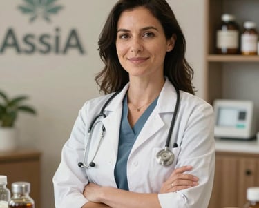 A nutritionist in a North American / Canadian wellness center, looking professional and trustworthy, representing the AssiA assistant agent category.