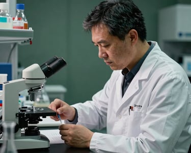 A scientist in a North American / Canadian research lab studying obesity data, with a professional dark moss green background.