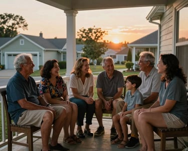 A multi-generational North American family sitting together on a porch at sunset, laughing and talking in a peaceful residential setting, suggesting legacy and security.