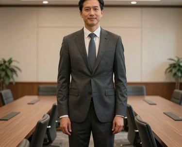 A North American professional in a charcoal suit standing in a dignified, warm-lit conference room with high-quality furnishings, conveying a sense of leadership and peace.