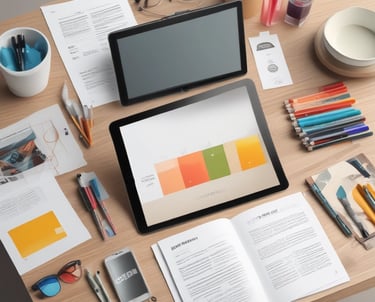 A creative team discussing ideas around a table with sketches and laptops.