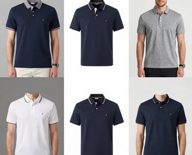 A neatly folded stack of classic cotton shirts in neutral tones on a wooden table.