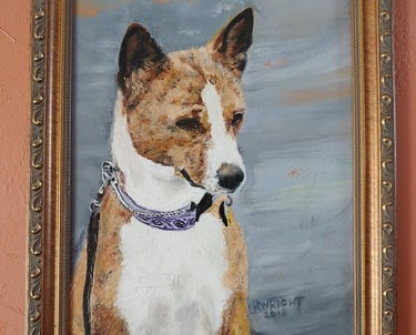 A framed oil painting of a Basenji dog with a purple collar against a grey background.