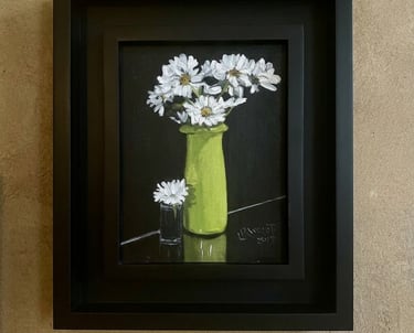 Oil painting of daisies in and surrounded by reflective surfaces