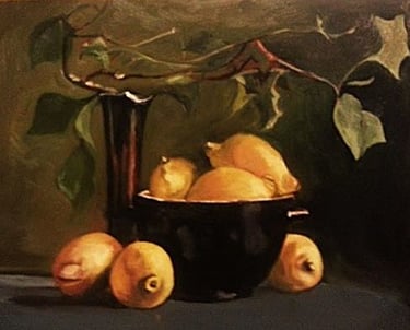 an oil painting study of jos van riswisk's Lemons in a Black Bowl