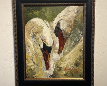 an oil painting of two swans, impasto, palette knife