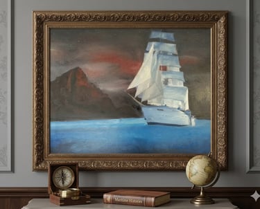 Framed oil painting of a tall sailing ship at night.