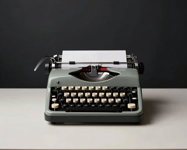 A minimalist shot of a vintage typewriter on a clean, Pale Moonlight surface. The background is a stark Darkest Night wall, creating a sharp and sophisticated aesthetic.