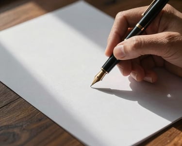 A close-up of a hand holding a classic fountain pen over a blank sheet of paper. The lighting is atmospheric, casting long Misty Shadow silhouettes across the wooden desk.