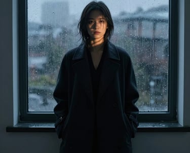 A moody portrait of a person in a dark coat, their face partially obscured by Deep Twilight shadows. They are standing against a rain-streaked window in a minimalist room.