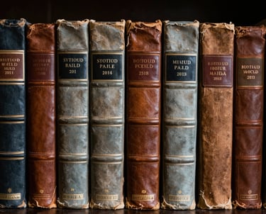 A high-contrast photograph of a shelf of old, leather-bound books in a dark library. The spines are worn, catching highlights of Misty Shadow and Pale Moonlight.
