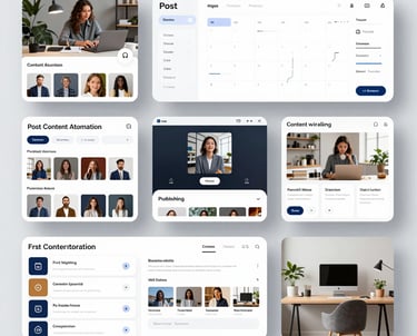 A creative workspace showing a computer screen with automated content creation tools and AI-generated images.